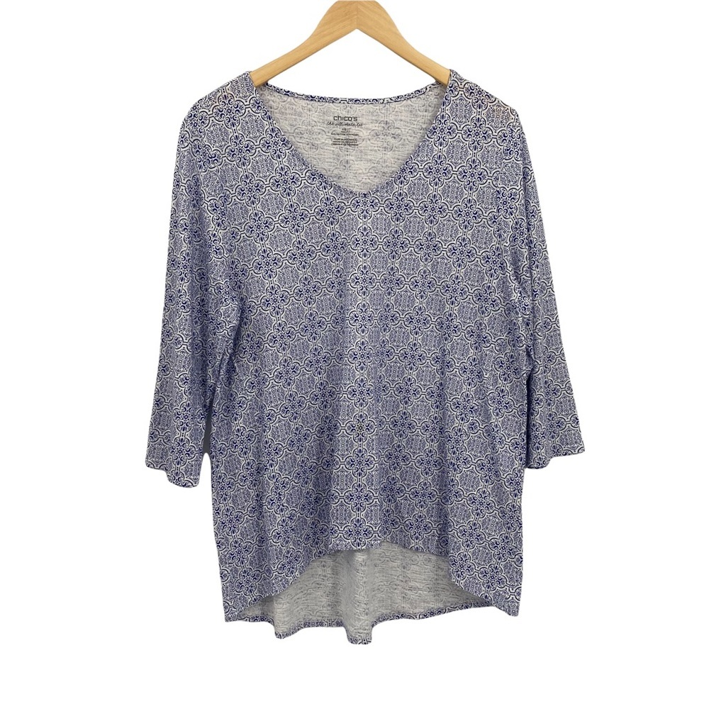 Chico’s blue and white boho print cotton top